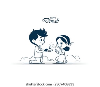 Niños jugando Diwali juntos. Niño ayudando a la chica a encender el cracker. Ilustración vectorial.