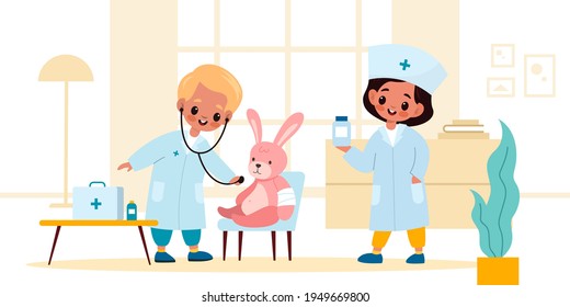 Kids playing doctor. Boy and girl in medical uniform treat and examine toy rabbit in room, therapists with pills and stethoscope, children hospital role-playing game vector cartoon concept