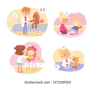 Kids playing doctor set. Little boys and girls with toys as patients vector illustration. Cute children treating sick patients: horse, dolls, teddy bear. Childhood activity.