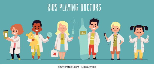 Kids playing doctors with medical equipment and white coat uniform - cartoon banner with cute children dressed in nurse and medic costumes, vector illustration
