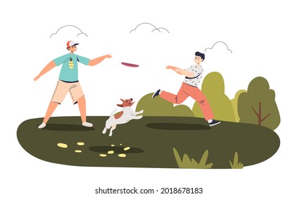 Kids playing with dog outdoors throwing flying plate while being on picnic or camping vacation in nature. Active summer leisure concept. Cartoon flat vector illustration