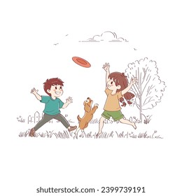 The kids are playing with the dog in the yard. Brother and sister having fun in nature with their pet. Vector illustration