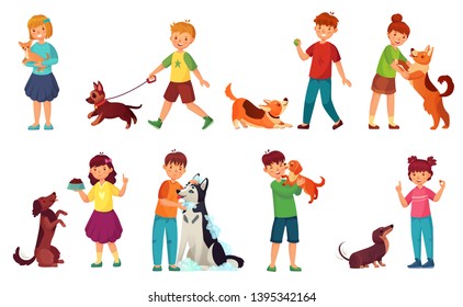 Kids Playing With Dogs. Child Feeding Dog, Pet Animals Care And Kid Walking With Cute Puppy Cartoon Vector Illustration Set