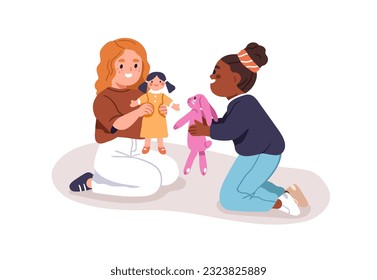 Niños jugando con muñecas. Felices chicas lindas con juguetes. Niños de guardería preescolar juntos. Niños pequeños amigos durante el juego. Ilustración vectorial gráfica plana aislada en fondo blanco