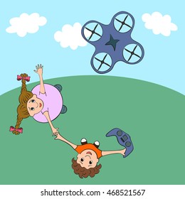 Kids playing drone (quadrocopter). Vector illustration. Drone hovering in the sky.