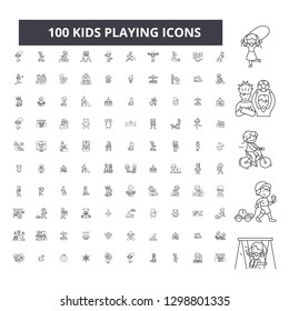 Kids playing editable line icons, 100 vector set, collection. Kids playing black outline illustrations, signs, symbols