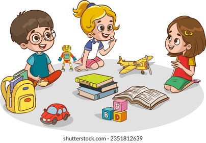 Kids playing with educational games in kindergarten room. Kids talking together in kindergarden. Poster with the place for your text. Playroom with children.