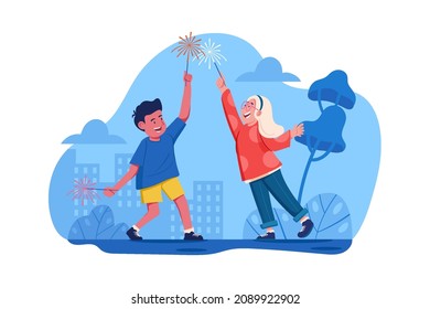 Kids Playing Fireworks Vector Illustration