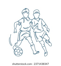 Kids playing football boy in action kicking soccer ball, for a football club or soccer club logo design, isolated line art illustration