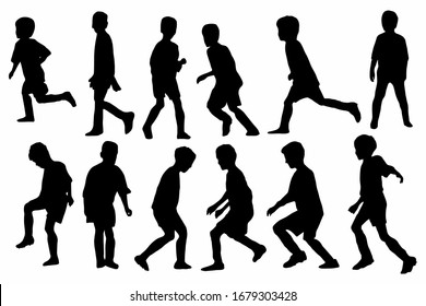 Kids playing football. Boys silhouettes set on white background