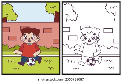 Kids playing football coloring page vector illustration