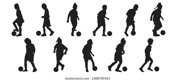 Kids Playing Football Kicking Ball poses and running with ball Vector silhouette Set
