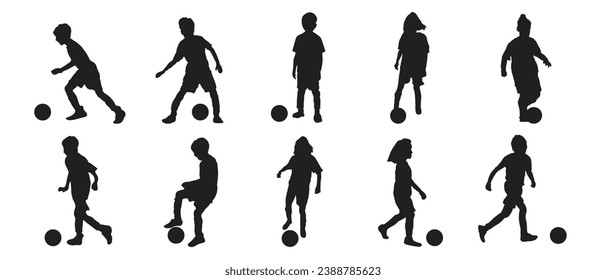 Kids Playing Football Kicking Ball poses and running with ball Vector silhouette Set
