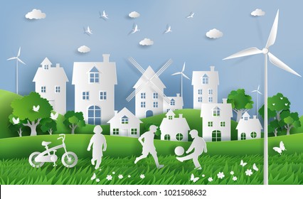 Kids playing football in the park, eco green city, save the planet and energy concept, flat-style vector illustration.