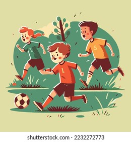 Kids playing football soccer boy girl children kid player in action kicking soccer ball, for a football club or soccer club logo design, isolated flat illustration