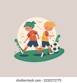 Kids playing football soccer boy girl children kid player in action kicking soccer ball, for a football club or soccer club logo design, isolated flat illustration