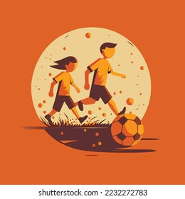 Kids playing football soccer boy girl children kid player in action kicking soccer ball, for a football club or soccer club logo design, isolated flat illustration