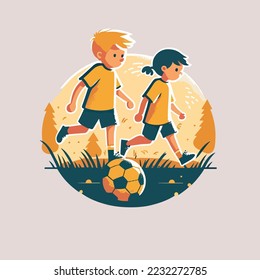 Kids playing football soccer boy girl children kid player in action kicking soccer ball, for a football club or soccer club logo design, isolated flat illustration