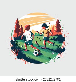 Kids playing football soccer boy girl children kid player in action kicking soccer ball, for a football club or soccer club logo design, isolated flat illustration