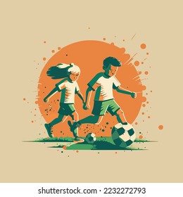 Kids playing football soccer boy girl children kid player in action kicking soccer ball, for a football club or soccer club logo design, isolated flat illustration