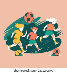 Niños jugando fútbol futbolín futbolín niñas futbolistas niños futbolistas en acción pateando la pelota de fútbol, para un club de fútbol o diseño del logo del club de fútbol, ilustración plana aislada