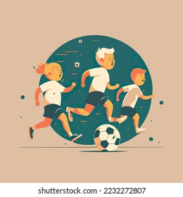 Kids playing football soccer boy girl children kid player in action kicking soccer ball, for a football club or soccer club logo design, isolated flat illustration