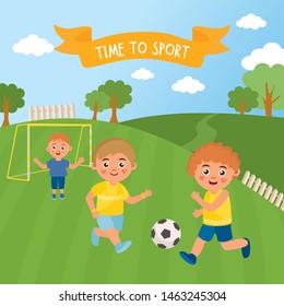 Kids playing football. Soccer game. Boys playing soccer on the sport field. Summer landscape illustration. Funny cartoon character. 