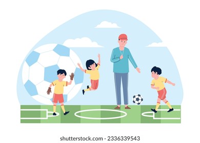 Kids playing football with trainer, soccer players scene. Cartoon children and ball, sport workout in school class. Outside activity recent vector concept