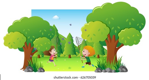 Kids playing in the forest