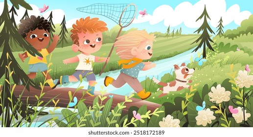 Kids playing in forest nature running and crossing river on a wooden log. Happy children in wild nature landscape catching butterflies, summer fun. Vector cartoon woodland scenery wallpaper for kids.