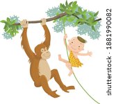 Kids playing in the forest with orangutans

