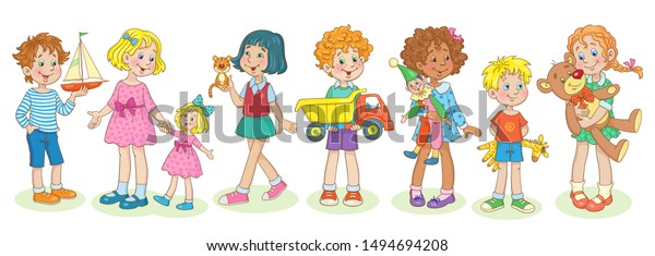 子供が遊んでいる 可愛い女の子4人と面白い男の子3人がお気に入りのおもちゃで立っている 漫画風 白い背景に ベクターイラスト のベクター画像素材 ロイヤリティフリー