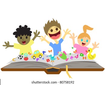 kids playing in front of book