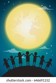kids playing with full moon,background vector