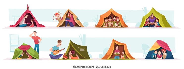 Kids playing. Funny family games in tent children with parent spend good time exact vector people in tent