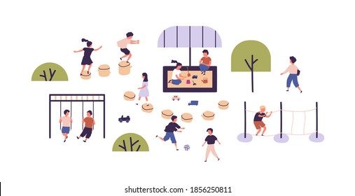 Kids playing games at modern playground in kindergarten. Children having outdoor activities. Boys and girls spending time together outside. Flat vector illustration on white background