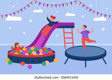 Kids playing games on playground of indoor play center. Children jumping in ball pool and trampoline of recreation zone in shopping mall flat vector illustration. Happy childhood, day care concept