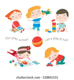 Kids are playing games at preschool. Happy childhood. Vector set on a white background.