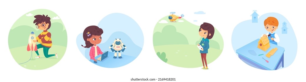 Kids playing games in school or garden illustration set. Weekend hobby activities vector. Boy and girl launching rocket, operating robot from laptop, flying helicopter, building birdhouse