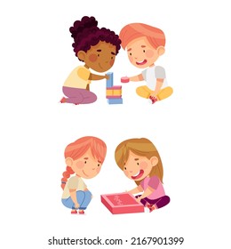 Kids playing games together set. Education and development concept cartoon vector illustration