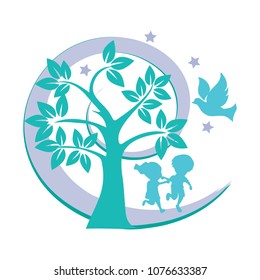 Kids Playing In The Garden Of Eden With A Christian Symbol Of Dove Vector Illustration. Can Be Used For Christian Early Learning Centers Logo, Summer Camps Poster, TV Show For Kids Logo.