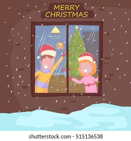 Kids playing with gift for Christmas celebration background in vector
