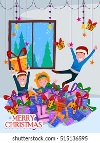 Kids playing with gift for Christmas celebration background in vector