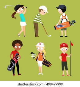 Kids playing golf vector isolated characters