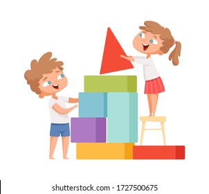 Kids playing. Happy children build colorful cubes home. Isolated cartoon babies with toys vector illustration