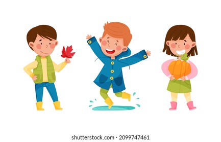 Kids playing and having fun outdoors in autumn set cartoon vector illustration