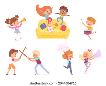 Kids playing and having fun set. Active leisure for children vector illustration. Boys and girls playing music instruments, fighting with pillows or swords, jumping on couch.