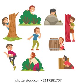 Kids Playing Hide and Seek Concealing Behind Tree and Bush Vector Set