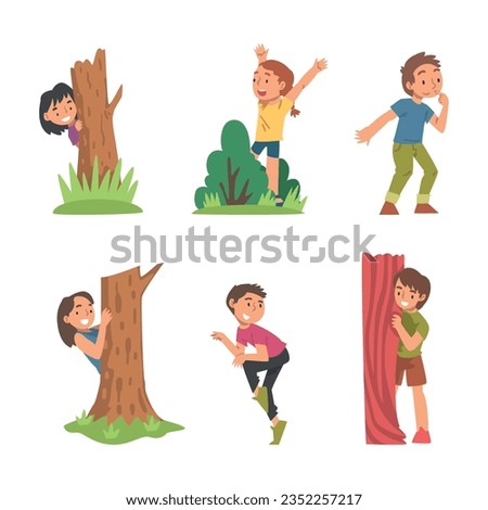 Kids Playing Hide and Seek Concealing Behind Tree and Bush Vector Set