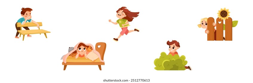 Kids Playing Hide and Seek Game Have Fun Vector Set